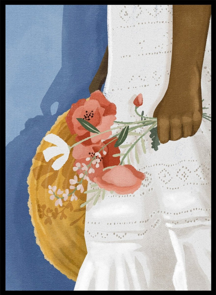 Close-up of a person holding a floral arrangement with a blue background. Feeling Blue by Goed Blauw is a figure art print and wall poster featuring a woman holding flowers with a deep blue background and soft tones.