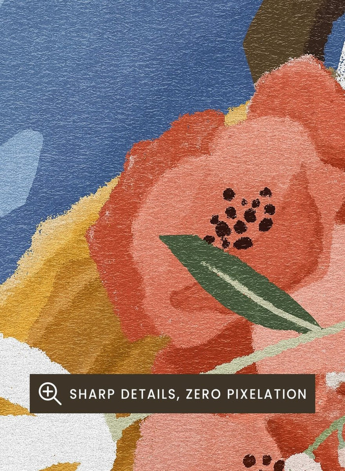 Close-up of a person holding a floral arrangement with a blue background. Feeling Blue by Goed Blauw is a figure art print and wall poster featuring a woman holding flowers with a deep blue background and soft tones.