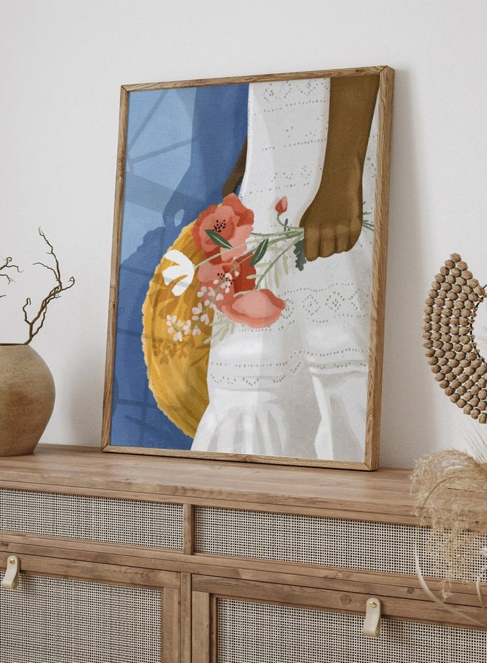 Close-up of a person holding a floral arrangement with a blue background. Feeling Blue by Goed Blauw is a figure art print and wall poster featuring a woman holding flowers with a deep blue background and soft tones.