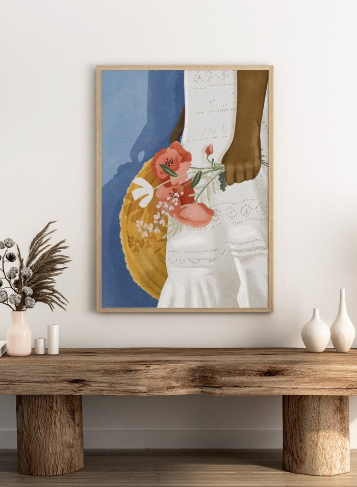 Close-up of a person holding a floral arrangement with a blue background. Feeling Blue by Goed Blauw is a figure art print and wall poster featuring a woman holding flowers with a deep blue background and soft tones.