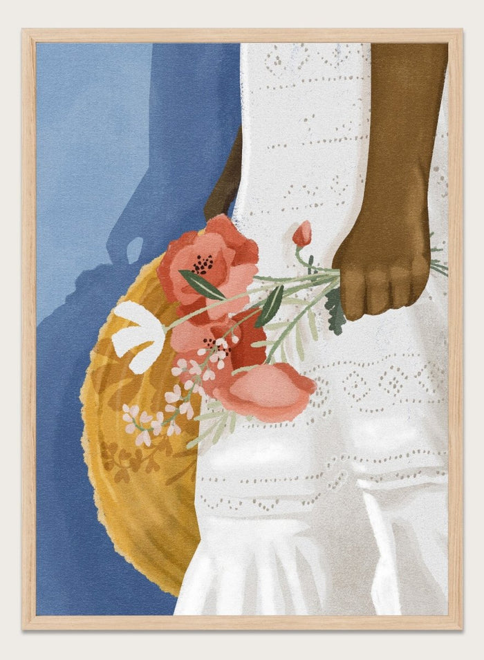 Close-up of a person holding a floral arrangement with a blue background. Feeling Blue by Goed Blauw is a figure art print and wall poster featuring a woman holding flowers with a deep blue background and soft tones.