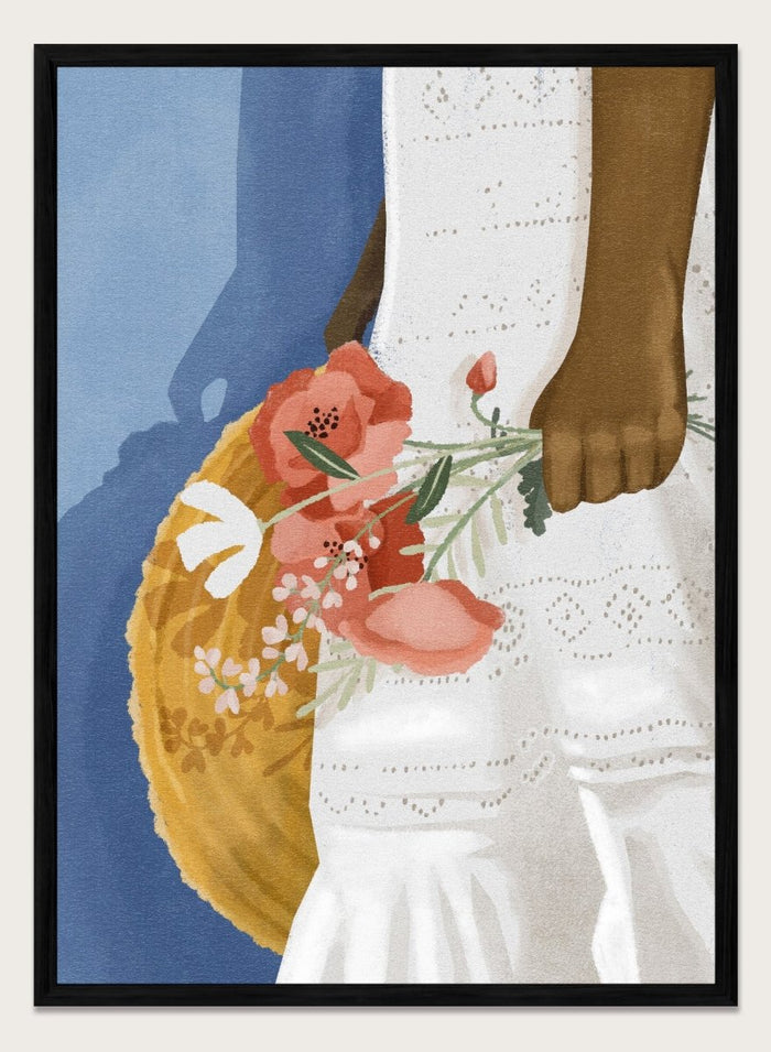 Close-up of a person holding a floral arrangement with a blue background. Feeling Blue by Goed Blauw is a figure art print and wall poster featuring a woman holding flowers with a deep blue background and soft tones.