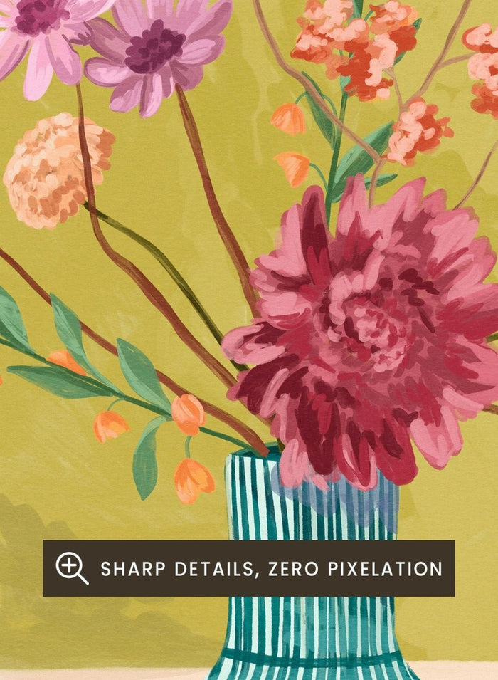 Illustration of a vase with flowers on a green background, featuring the text 'fleurs des champs' and 'couleurs d'ete'. Fleur Des Champs Green by Goed Blauw is a colorful floral art print and wall poster featuring a striped vase with loose flowers on a warm yellow background.