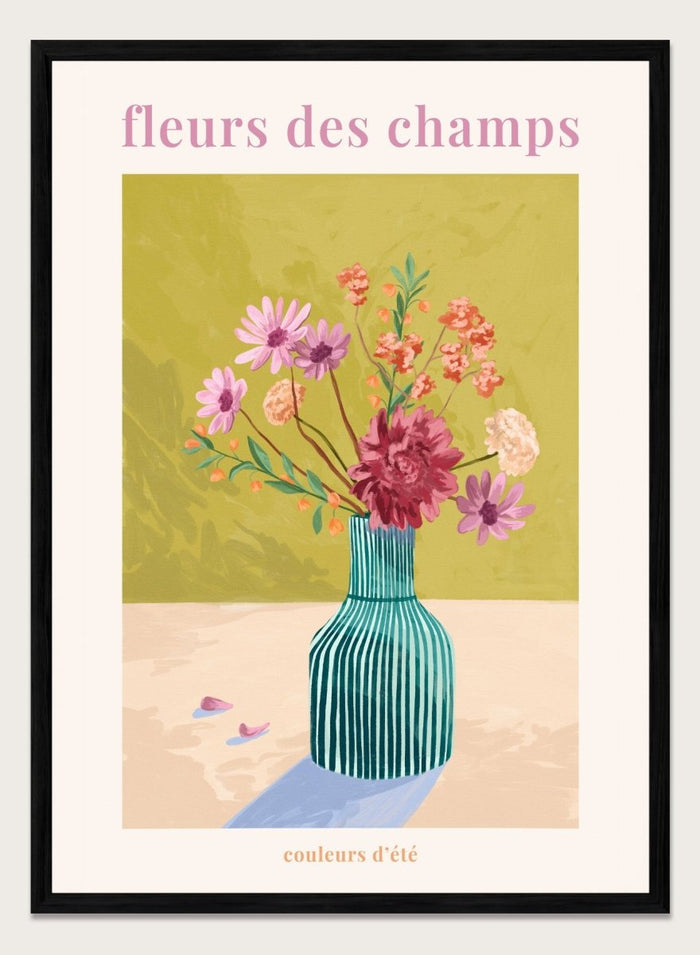 Illustration of a vase with flowers on a green background, featuring the text 'fleurs des champs' and 'couleurs d'ete'. Fleur Des Champs Green by Goed Blauw is a colorful floral art print and wall poster featuring a striped vase with loose flowers on a warm yellow background.