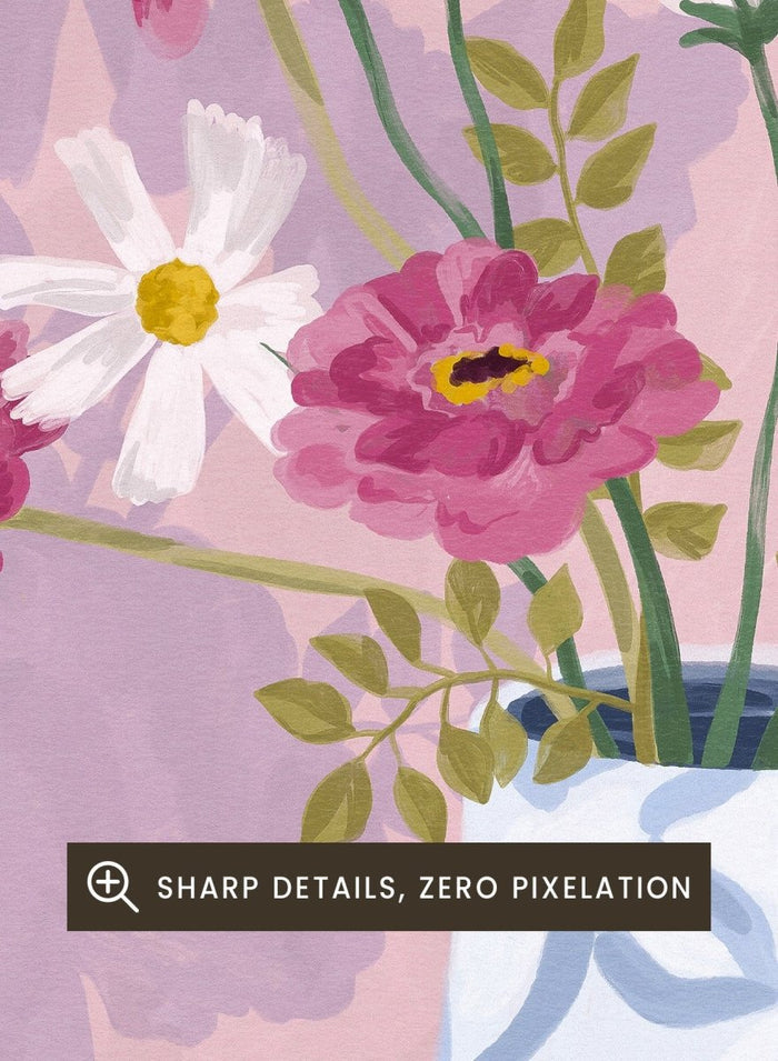 Illustration of a vase with flowers and fruits on a table against a pink background, with text 'fleurs des champs' and 'couleurs d'ete'. Fleur Des Champs Pink by Goed Blauw is a colorful still life art print and wall poster featuring flowers, fruit, and a patterned vase in a modern composition.