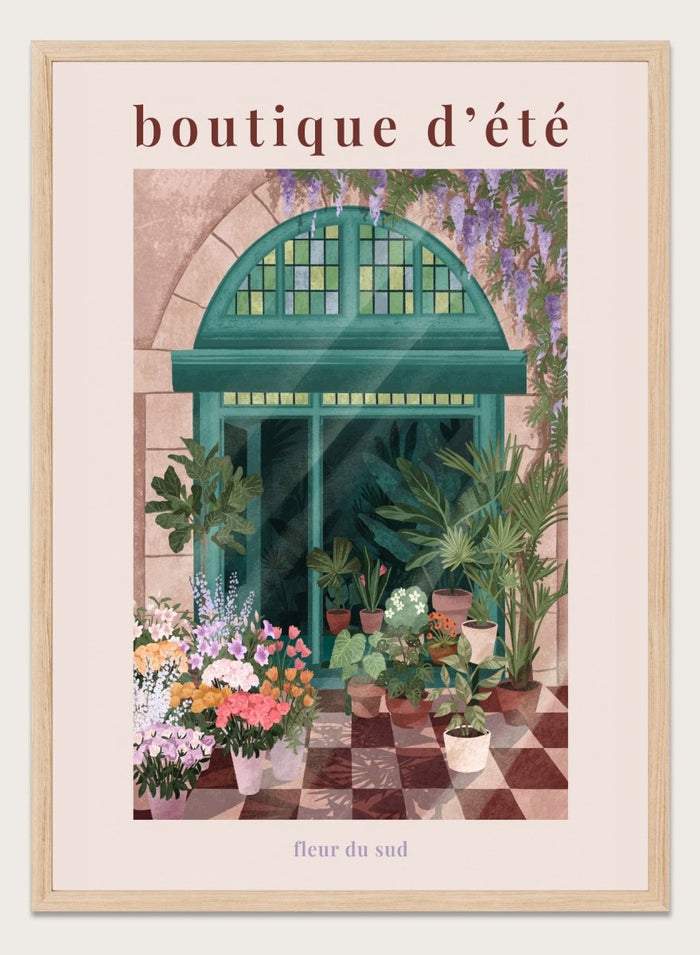 Illustration of a charming store entrance with plants and flowers, featuring the text 'boutique d'été' and 'fleur du sud'. French Flower Shop by Goed Blauw is a colorful storefront art print and wall poster featuring plants, flowers, and a green arch window in a warm European style setting.
