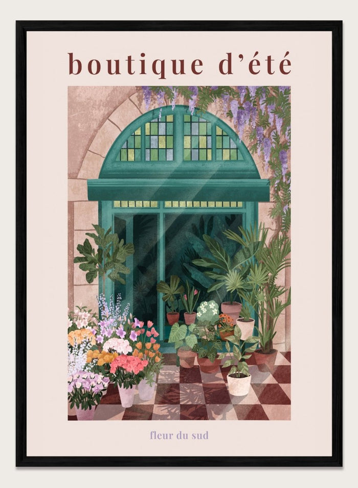 Illustration of a charming store entrance with plants and flowers, featuring the text 'boutique d'été' and 'fleur du sud'. French Flower Shop by Goed Blauw is a colorful storefront art print and wall poster featuring plants, flowers, and a green arch window in a warm European style setting.