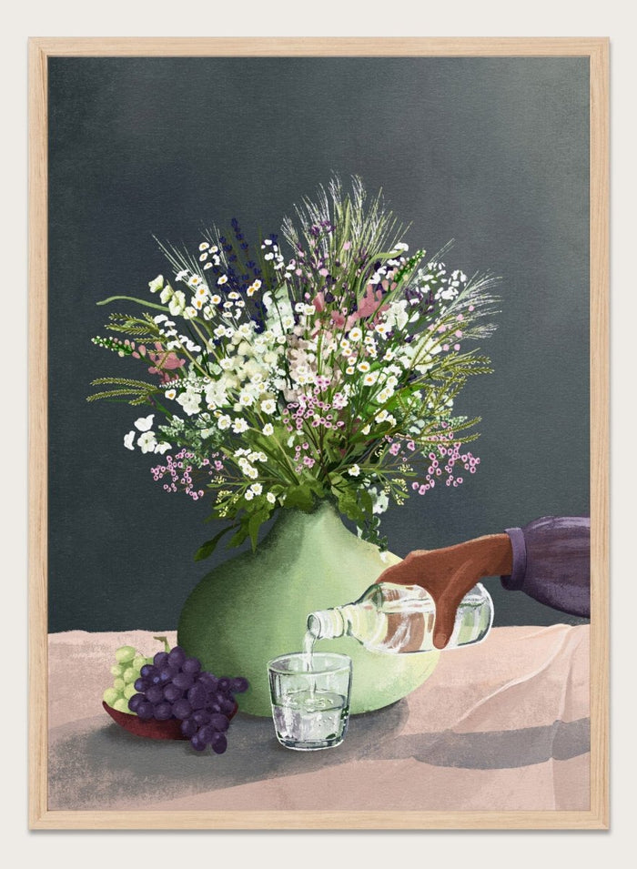 Still life with a green vase of flowers, grapes, and a glass being filled with a bottle. Frivolous Afternoon by Goed Blauw is a modern still life art print and wall poster featuring wildflowers, grapes, and a quiet pouring moment in soft, muted tones.