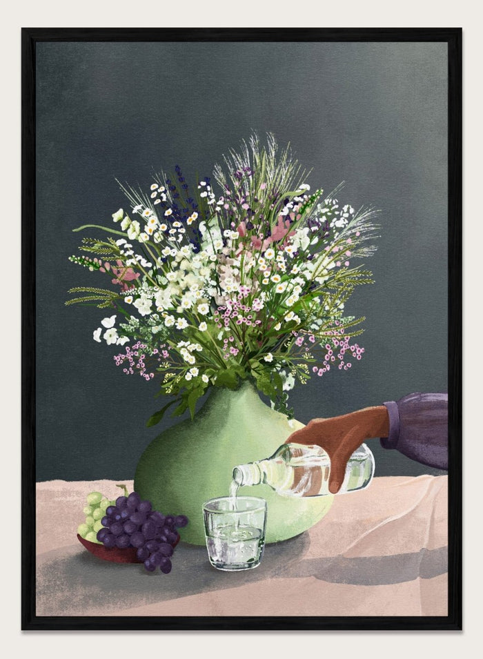 Still life with a green vase of flowers, grapes, and a glass being filled with a bottle. Frivolous Afternoon by Goed Blauw is a modern still life art print and wall poster featuring wildflowers, grapes, and a quiet pouring moment in soft, muted tones.