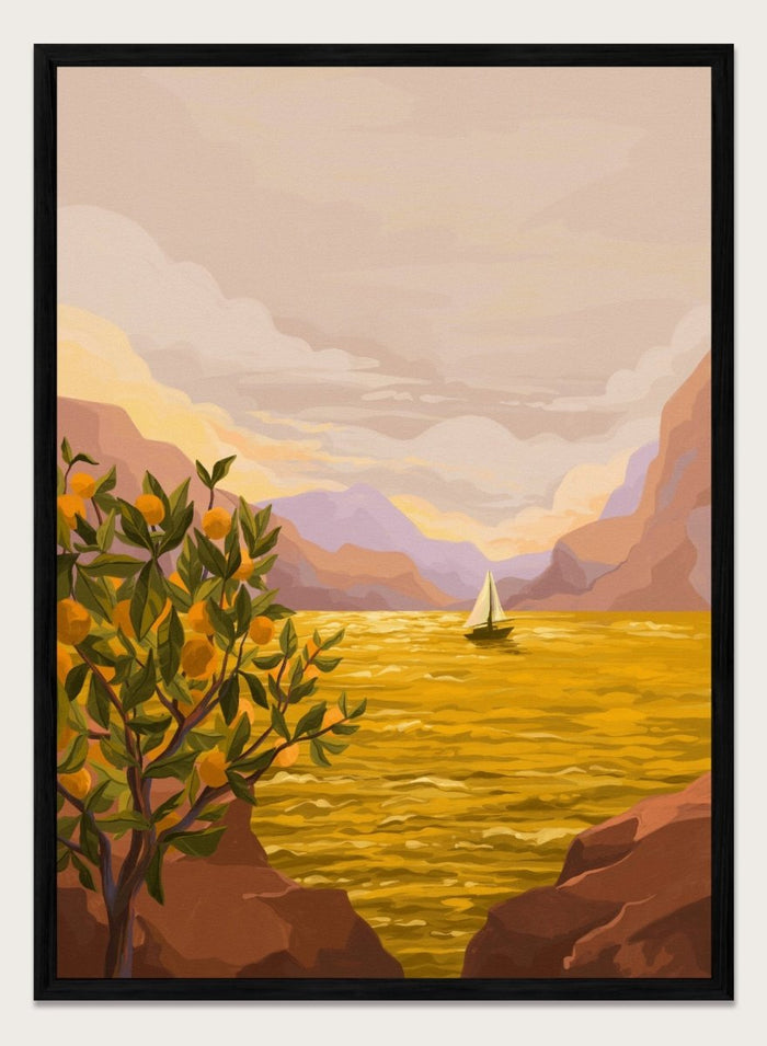 Sailing boat on a yellow sea with mountains and lemon tree in the foreground. Golden Sunset by Goed Blauw is a coastal art print and wall poster featuring a sailboat on a glowing ocean with cliffs and an orange tree.