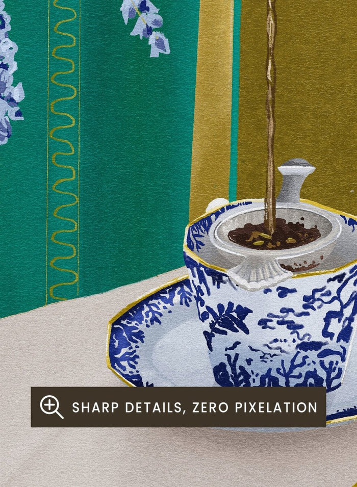 Tea being poured from a teapot into a cup on a table with a vase of flowers and a glass. I Despise English Tea by Goed Blauw is a still life art print and wall poster featuring tea being poured into patterned cups with bold green and gold tones.