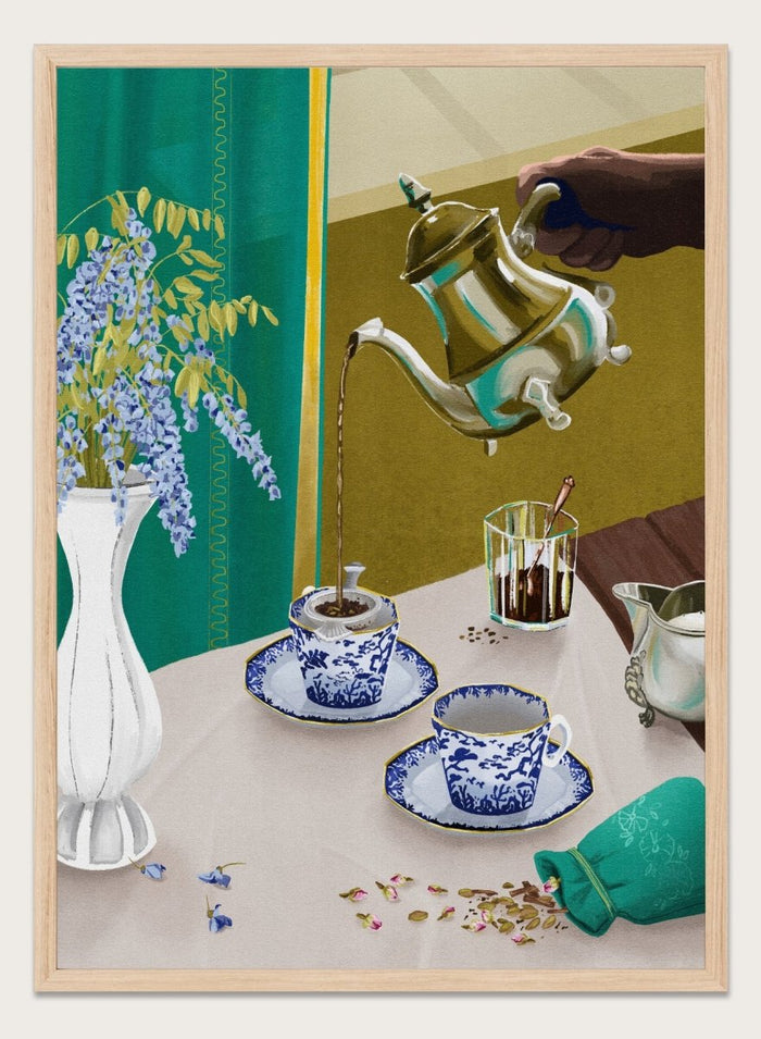 Tea being poured from a teapot into a cup on a table with a vase of flowers and a glass. I Despise English Tea by Goed Blauw is a still life art print and wall poster featuring tea being poured into patterned cups with bold green and gold tones.