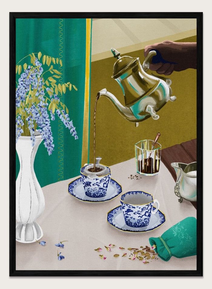 Tea being poured from a teapot into a cup on a table with a vase of flowers and a glass. I Despise English Tea by Goed Blauw is a still life art print and wall poster featuring tea being poured into patterned cups with bold green and gold tones.