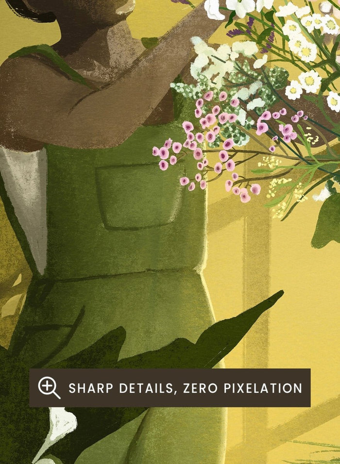 Woman in a green dress holding a bouquet of flowers in a softly lit room. In the Cracks of Light I Dream by Goed Blauw is a floral art print and wall poster featuring a woman arranging flowers in warm window light.