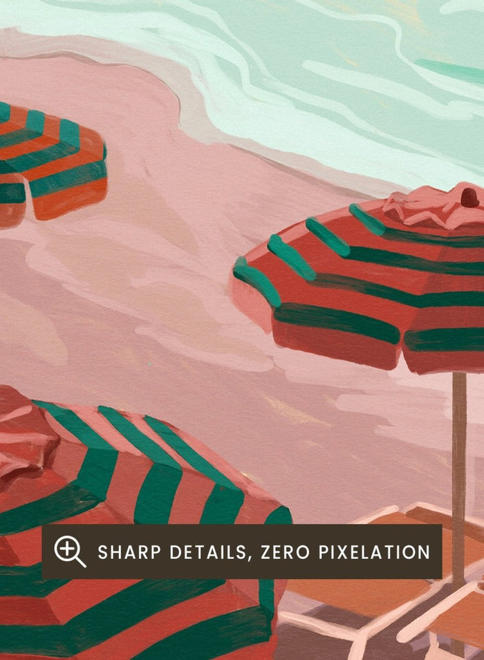 Beach scene with striped umbrellas and cliffs, featuring the text 'la reverie frivole'. La Rêverie Frivole Beach by Goed Blauw is a coastal art print and wall poster featuring striped umbrellas, turquoise water, and a warm seaside landscape.