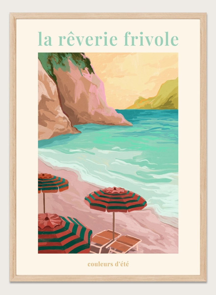 Beach scene with striped umbrellas and cliffs, featuring the text 'la reverie frivole'. La Rêverie Frivole Beach by Goed Blauw is a coastal art print and wall poster featuring striped umbrellas, turquoise water, and a warm seaside landscape.