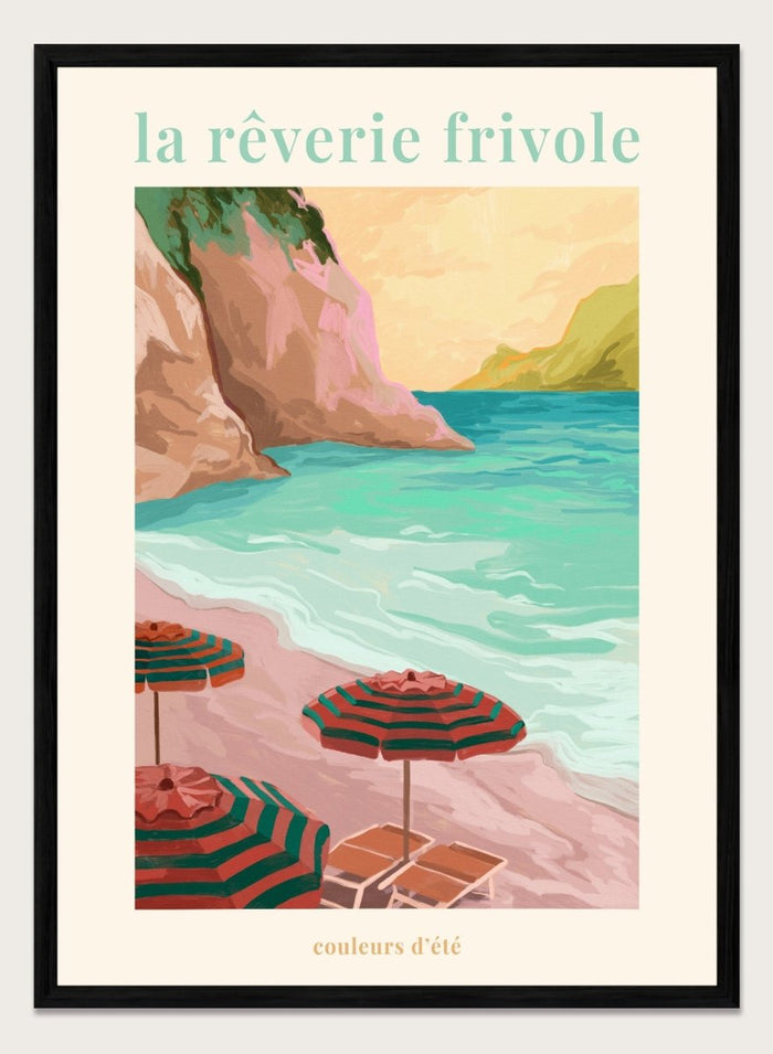 Beach scene with striped umbrellas and cliffs, featuring the text 'la reverie frivole'. La Rêverie Frivole Beach by Goed Blauw is a coastal art print and wall poster featuring striped umbrellas, turquoise water, and a warm seaside landscape.