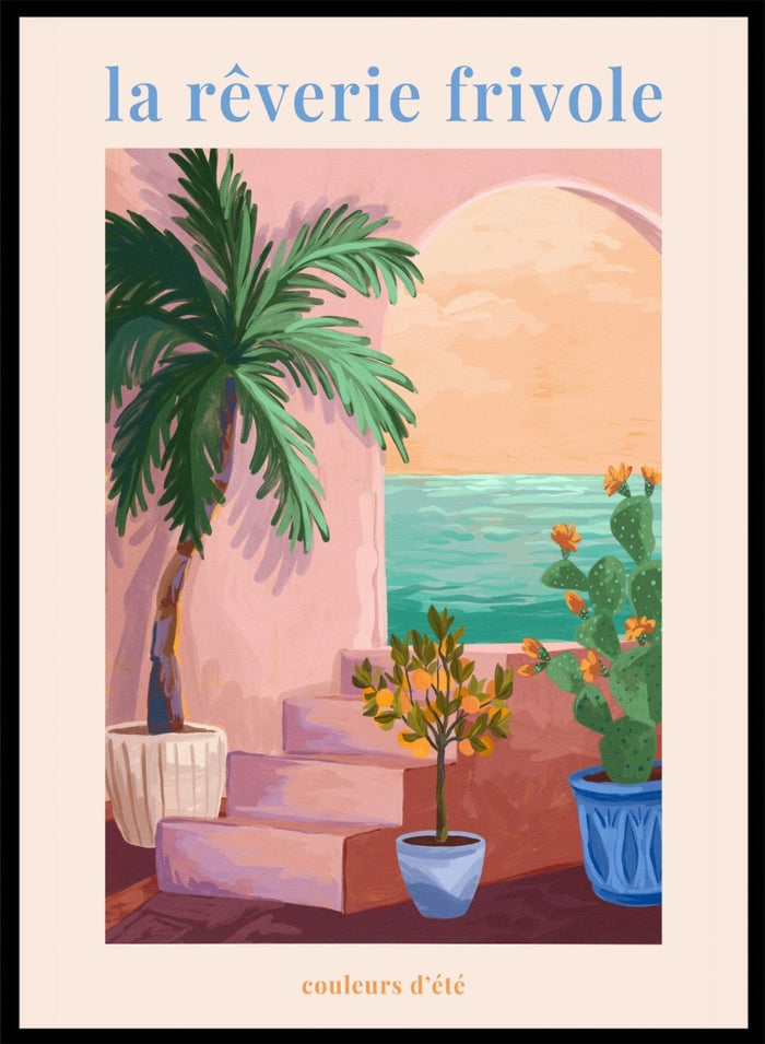 Artistic depiction of a tropical scene with palm trees and plants, featuring the text 'la rçverie frivole'. La Rêverie Frivole Palm by Goed Blauw is a coastal art print and wall poster featuring a palm tree, citrus plant, and ocean view in warm summer tones.