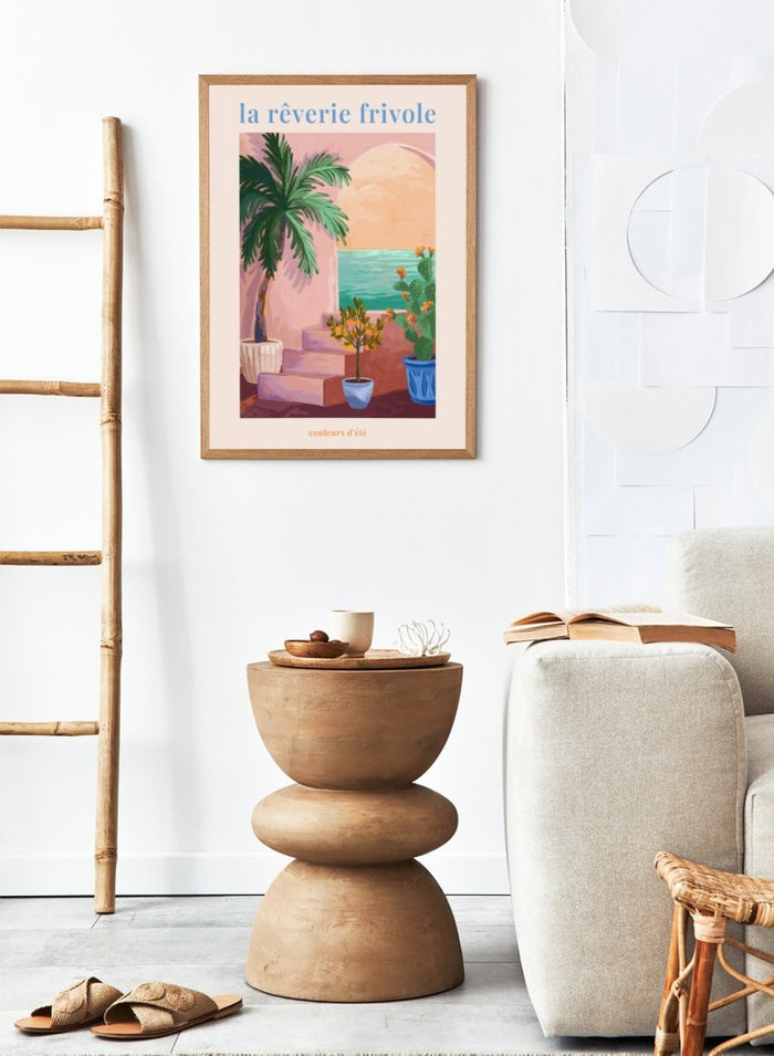 Artistic depiction of a tropical scene with palm trees and plants, featuring the text 'la rçverie frivole'. La Rêverie Frivole Palm by Goed Blauw is a coastal art print and wall poster featuring a palm tree, citrus plant, and ocean view in warm summer tones.