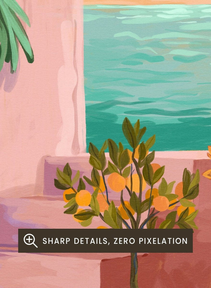 Artistic depiction of a tropical scene with palm trees and plants, featuring the text 'la rçverie frivole'. La Rêverie Frivole Palm by Goed Blauw is a coastal art print and wall poster featuring a palm tree, citrus plant, and ocean view in warm summer tones.