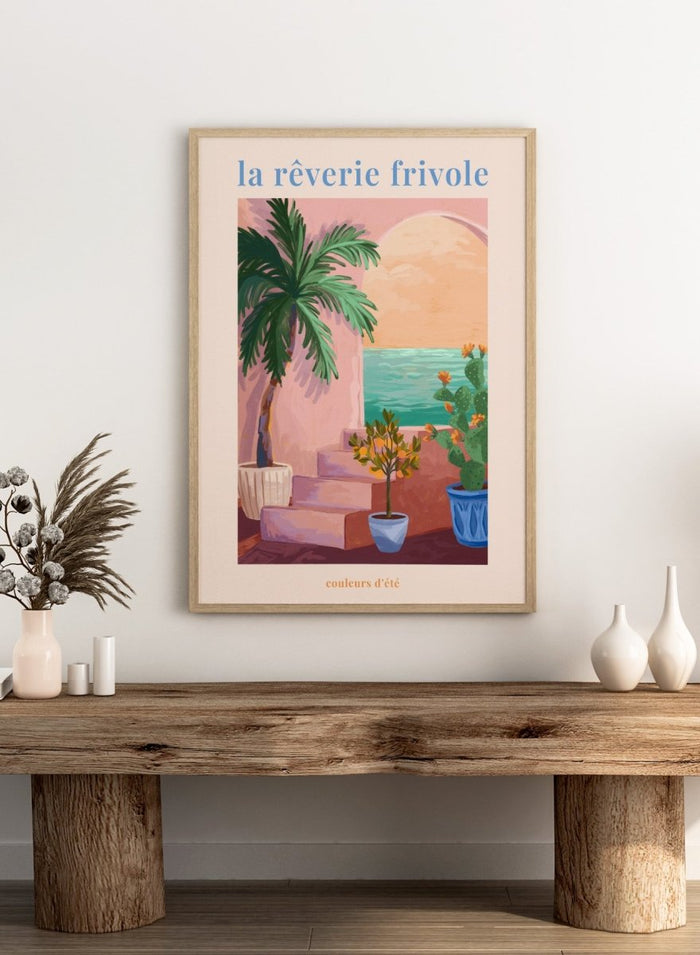 Artistic depiction of a tropical scene with palm trees and plants, featuring the text 'la rçverie frivole'. La Rêverie Frivole Palm by Goed Blauw is a coastal art print and wall poster featuring a palm tree, citrus plant, and ocean view in warm summer tones.