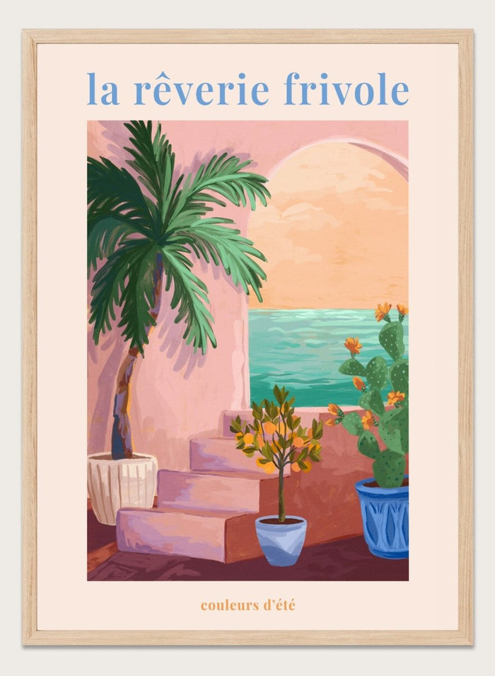 Artistic depiction of a tropical scene with palm trees and plants, featuring the text 'la rçverie frivole'. La Rêverie Frivole Palm by Goed Blauw is a coastal art print and wall poster featuring a palm tree, citrus plant, and ocean view in warm summer tones.