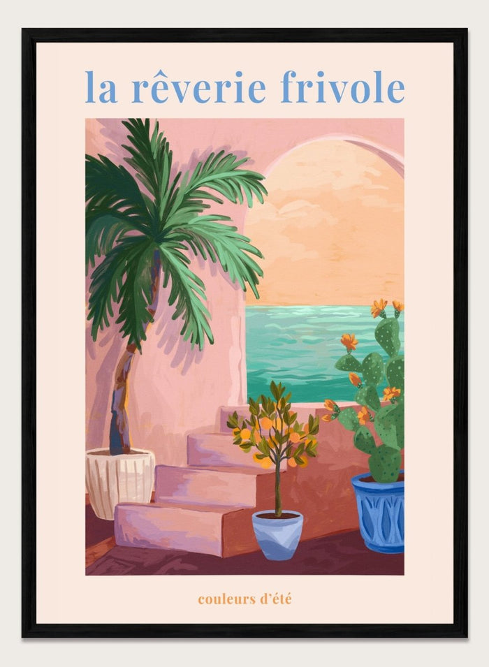 Artistic depiction of a tropical scene with palm trees and plants, featuring the text 'la rçverie frivole'. La Rêverie Frivole Palm by Goed Blauw is a coastal art print and wall poster featuring a palm tree, citrus plant, and ocean view in warm summer tones.