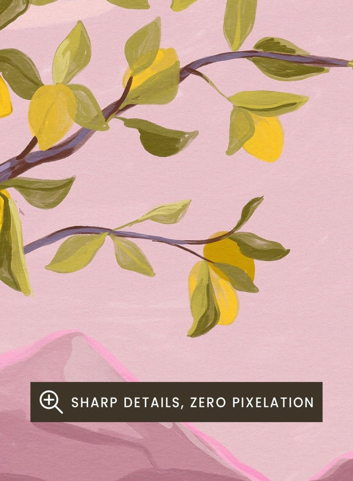 Artistic depiction of a tropical scene with a tree, beach, and mountains, featuring the text 'le rève tropical' and 'couleurs d'été'. Le Rêve Tropical Lemon Tree by Goed Blauw is a coastal art print and wall poster featuring a lemon tree, archway, and ocean view in warm pastel tones.