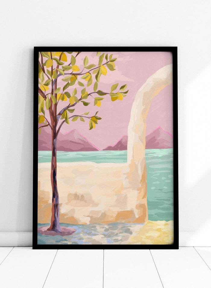 Artistic depiction of a tree by a lake with mountains in the background. Lemon Tree by Goed Blauw is a coastal art print and wall poster featuring a lemon tree, soft pastel sky, and ocean view in warm tones.