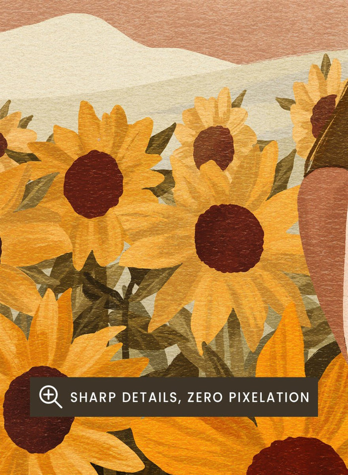 Woman in a white top and purple pants sitting among sunflowers with a scenic background. Sunflower Evenings by Goed Blauw is a fine art print and wall poster featuring a woman standing in a sunflower field with warm golden tones.