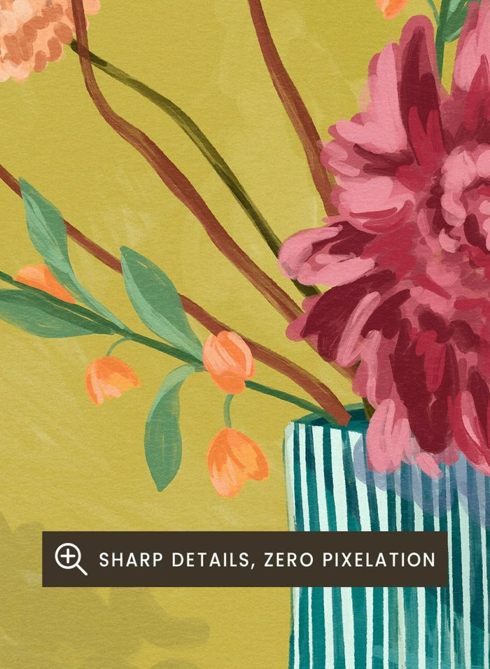 Vase with flowers on a table against a green background. Wildflowers by Goed Blauw is a colorful floral art print and wall poster featuring a striped vase with loose flowers on a warm yellow background.
