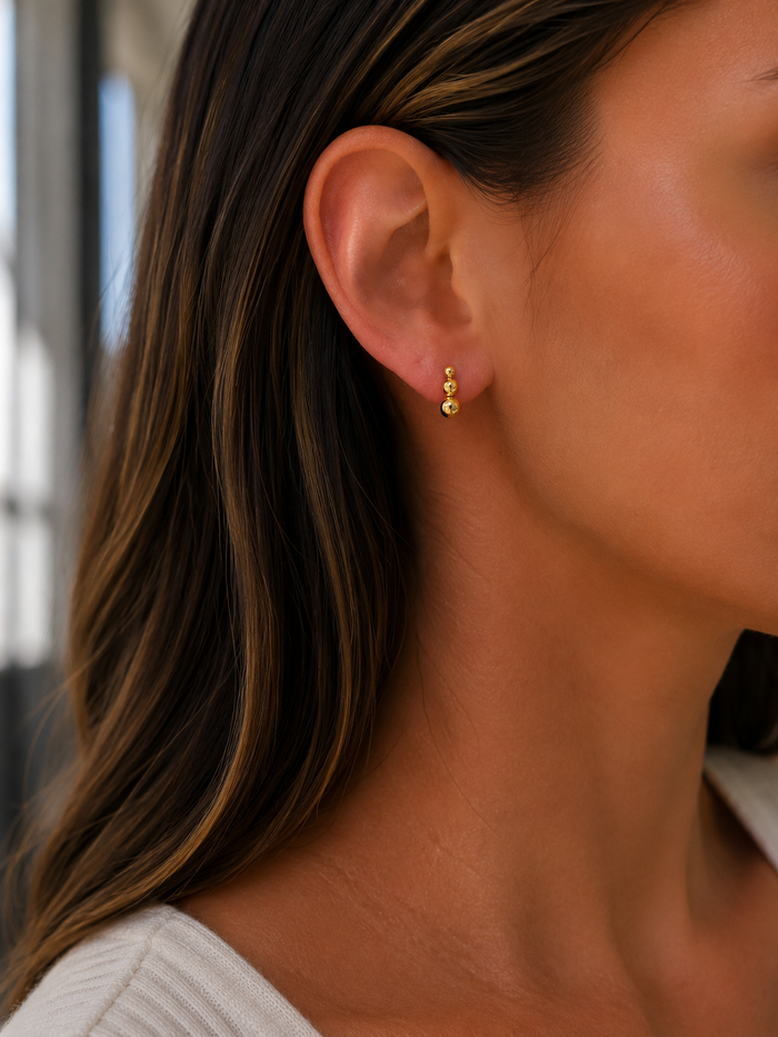 Gold Plated Triple Bead Stud Earrings