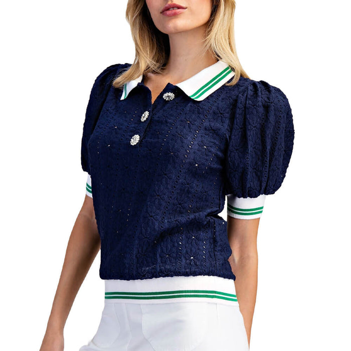 Golfio - FS Love Floral Eyelet Lace Puff Sleeve Golf Top Navy - 26 Women