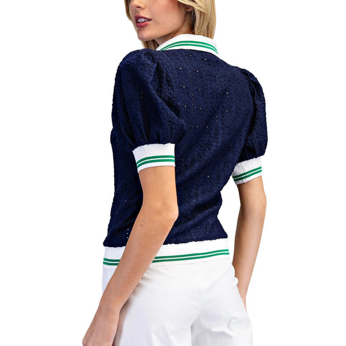 Golfio - FS Love Floral Eyelet Lace Puff Sleeve Golf Top Navy - 26 Women