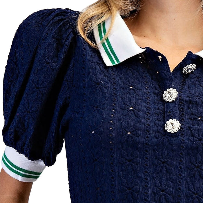Golfio - FS Love Floral Eyelet Lace Puff Sleeve Golf Top Navy - 26 Women