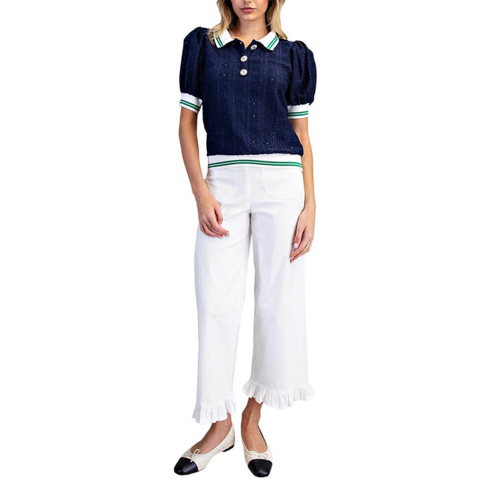 Golfio - FS Love Floral Eyelet Lace Puff Sleeve Golf Top Navy - 26 Women