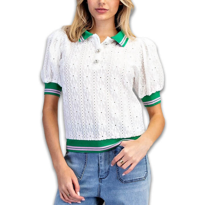 Golfio - FS Love Floral Eyelet Lace Puff Sleeve Golf Top White - 26 Women