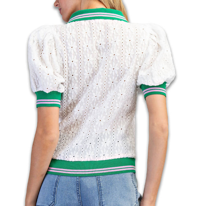 Golfio - FS Love Floral Eyelet Lace Puff Sleeve Golf Top White - 26 Women