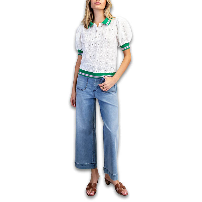 Golfio - FS Love Floral Eyelet Lace Puff Sleeve Golf Top White - 26 Women