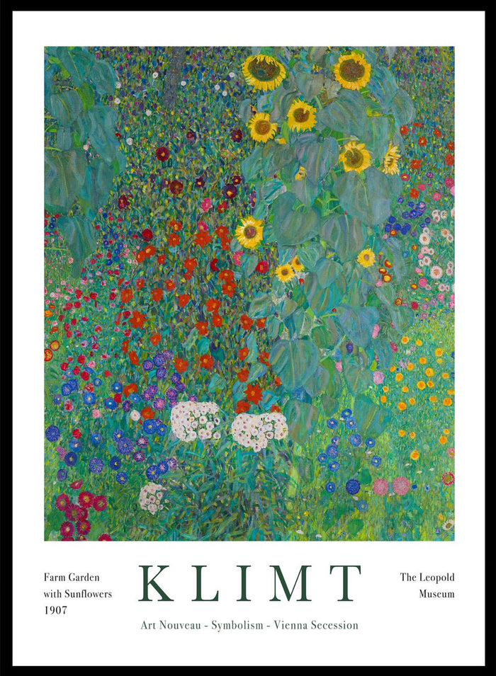 Farm Garden with Sunflowers by Gustav Klimt is a fine art print that feels like standing in the middle of a real country garden in full bloom. Tall sunflowers rise up on one side, while layers of tiny red, blue, pink, and white flowers fill the whole frame, right up to the edges. Klimt painted this from a farmhouse garden near Lake Attersee, and you can feel that lived-in, summer-garden energy in every bit of it. This is the kind of artwork that gives you a tiny escape every time you look at it, especially