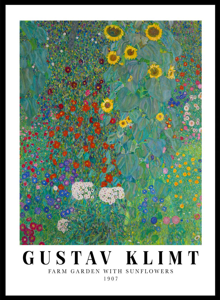 Farm Garden with Sunflowers by Gustav Klimt is a fine art print that feels like standing in the middle of a real country garden in full bloom. Tall sunflowers rise up on one side, while layers of tiny red, blue, pink, and white flowers fill the whole frame, right up to the edges. Klimt painted this from a farmhouse garden near Lake Attersee, and you can feel that lived-in, summer-garden energy in every bit of it. This is the kind of artwork that gives you a tiny escape every time you look at it