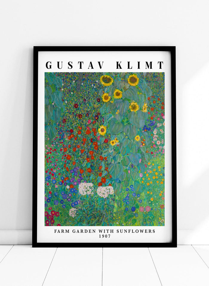 Farm Garden with Sunflowers by Gustav Klimt is a fine art print that feels like standing in the middle of a real country garden in full bloom. Tall sunflowers rise up on one side, while layers of tiny red, blue, pink, and white flowers fill the whole frame, right up to the edges. Klimt painted this from a farmhouse garden near Lake Attersee, and you can feel that lived-in, summer-garden energy in every bit of it. This is the kind of artwork that gives you a tiny escape every time you look at it, especially