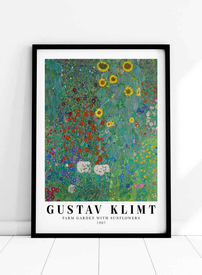 Farm Garden with Sunflowers by Gustav Klimt is a fine art print that feels like standing in the middle of a real country garden in full bloom. Tall sunflowers rise up on one side, while layers of tiny red, blue, pink, and white flowers fill the whole frame, right up to the edges. Klimt painted this from a farmhouse garden near Lake Attersee, and you can feel that lived-in, summer-garden energy in every bit of it. This is the kind of artwork that gives you a tiny escape every time you look at it.