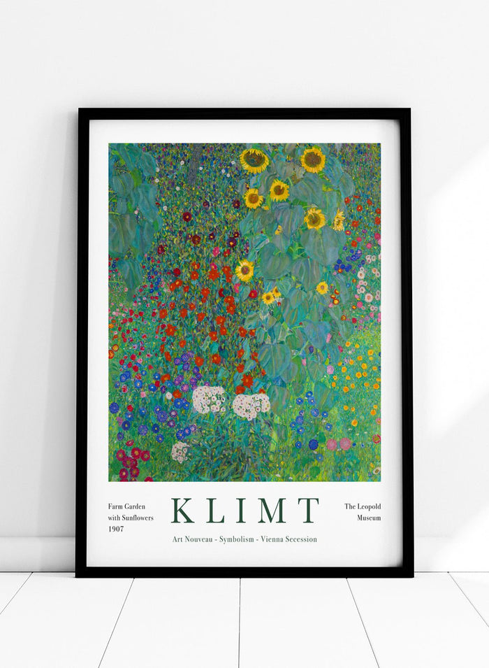 Farm Garden with Sunflowers by Gustav Klimt is a fine art print that feels like standing in the middle of a real country garden in full bloom. Tall sunflowers rise up on one side, while layers of tiny red, blue, pink, and white flowers fill the whole frame, right up to the edges. Klimt painted this from a farmhouse garden near Lake Attersee, and you can feel that lived-in, summer-garden energy in every bit of it. This is the kind of artwork that gives you a tiny escape every time you look at it, especially