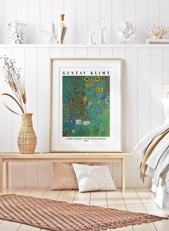 Farm Garden with Sunflowers by Gustav Klimt is a fine art print that feels like standing in the middle of a real country garden in full bloom. Tall sunflowers rise up on one side, while layers of tiny red, blue, pink, and white flowers fill the whole frame, right up to the edges. Klimt painted this from a farmhouse garden near Lake Attersee, and you can feel that lived-in, summer-garden energy in every bit of it. This is the kind of artwork that gives you a tiny escape every time you look at it, especially