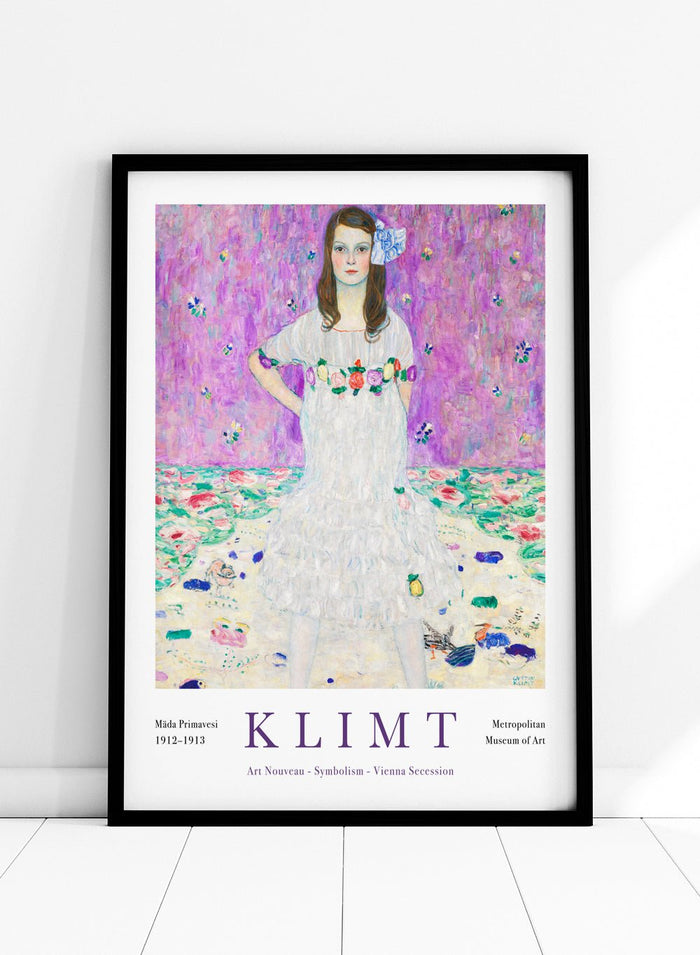 Gustav Klimt painted Mäda Primavesi exactly as she appeared to him. A girl who stood with total confidence, hands on hips, completely sure of who she was. The bright lilac backdrop and scattered florals make the whole portrait feel full of life, but it’s her expression that pulls you in.

This is the kind of art print that quietly lifts you. Every time you walk past it, you feel a little braver, a little lighter, and a little more like the version of yourself who doesn’t shrink from anything.