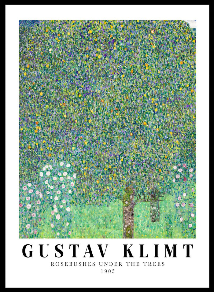 Rosebushes Under the Trees art print by Gustav Klimt is one of those paintings that feels like a memory. Klimt created it while spending summers by Lake Attersee, where he let go of heavy symbolism and focused on the beauty of everyday nature. The leaves turn into a mosaic of greens and yellows, almost buzzing with life, while the small rosebushes ground everything with a soft, gentle sweetness.
