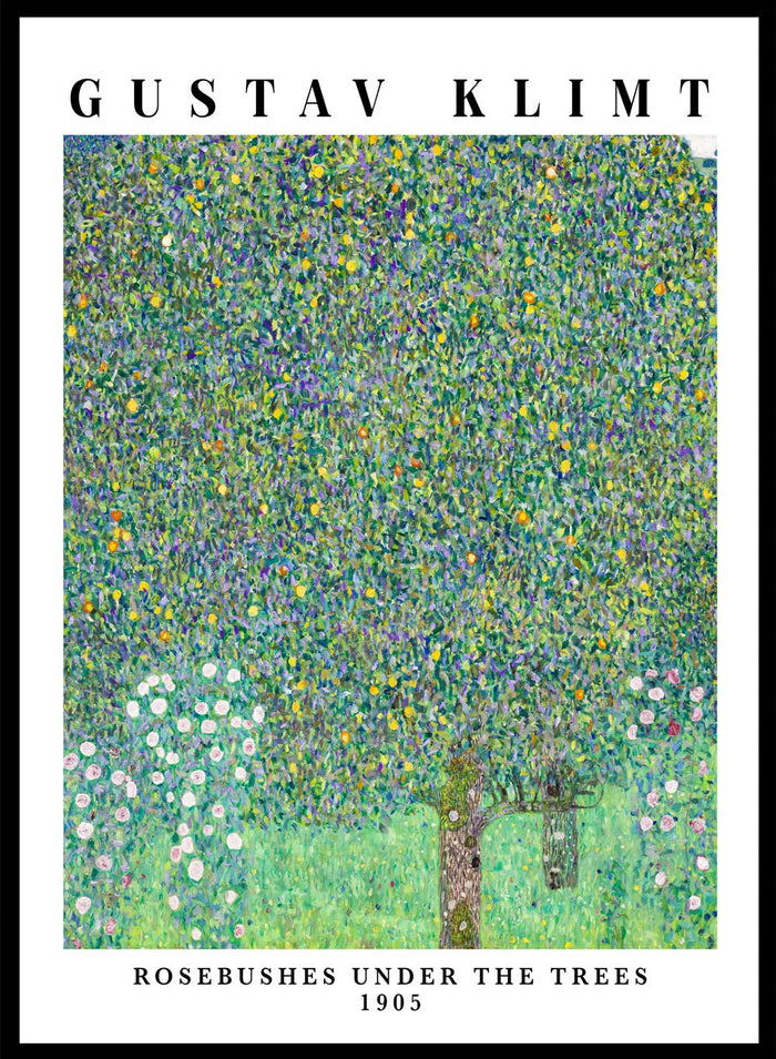 Rosebushes Under the Trees art print by Gustav Klimt is one of those paintings that feels like a memory. Klimt created it while spending summers by Lake Attersee, where he let go of heavy symbolism and focused on the beauty of everyday nature. The leaves turn into a mosaic of greens and yellows, almost buzzing with life, while the small rosebushes ground everything with a soft, gentle sweetness.