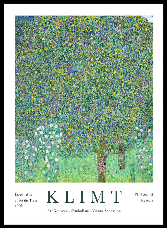Rosebushes Under the Trees art print by Gustav Klimt is one of those paintings that feels like a memory. Klimt created it while spending summers by Lake Attersee, where he let go of heavy symbolism and focused on the beauty of everyday nature. The leaves turn into a mosaic of greens and yellows, almost buzzing with life, while the small rosebushes ground everything with a soft, gentle sweetness.