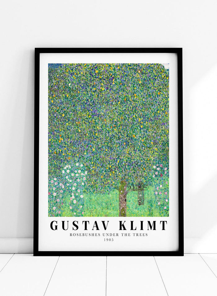 Rosebushes Under the Trees art print by Gustav Klimt is one of those paintings that feels like a memory. Klimt created it while spending summers by Lake Attersee, where he let go of heavy symbolism and focused on the beauty of everyday nature. The leaves turn into a mosaic of greens and yellows, almost buzzing with life, while the small rosebushes ground everything with a soft, gentle sweetness.